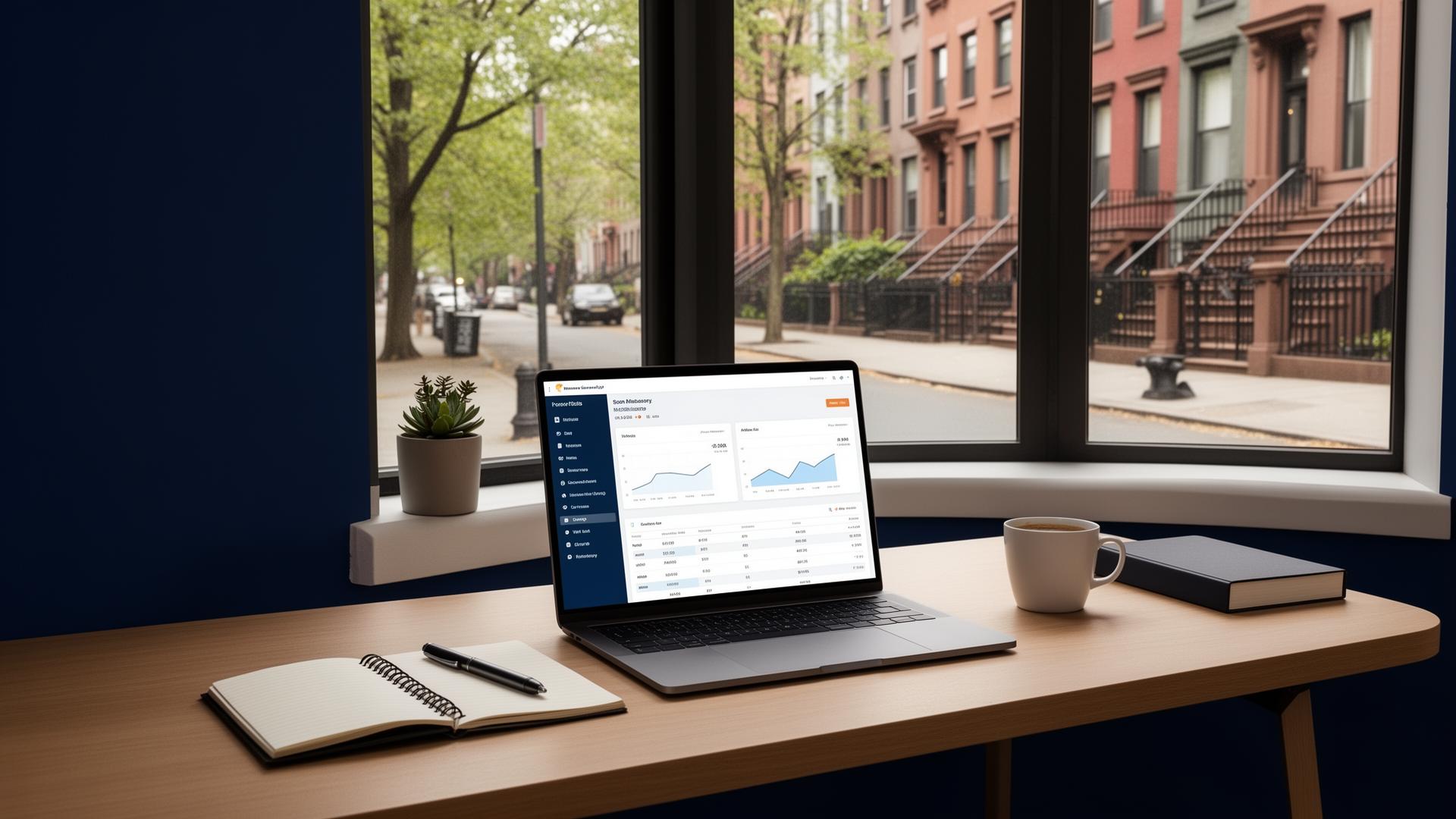 Modern, organized workspace with a financial dashboard, overlooking a Queens brownstone street